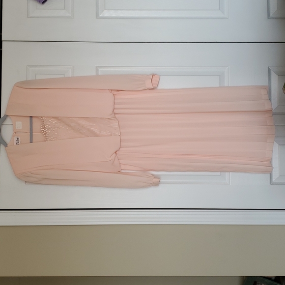 In the Mood vintage 1980s peach crepe midi dress with pleated skirt size 12 euc - Picture 1 of 8